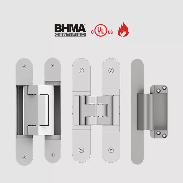 Camax offers 3D adjustable concealed hinges certified to BHMA, UL and fire rating