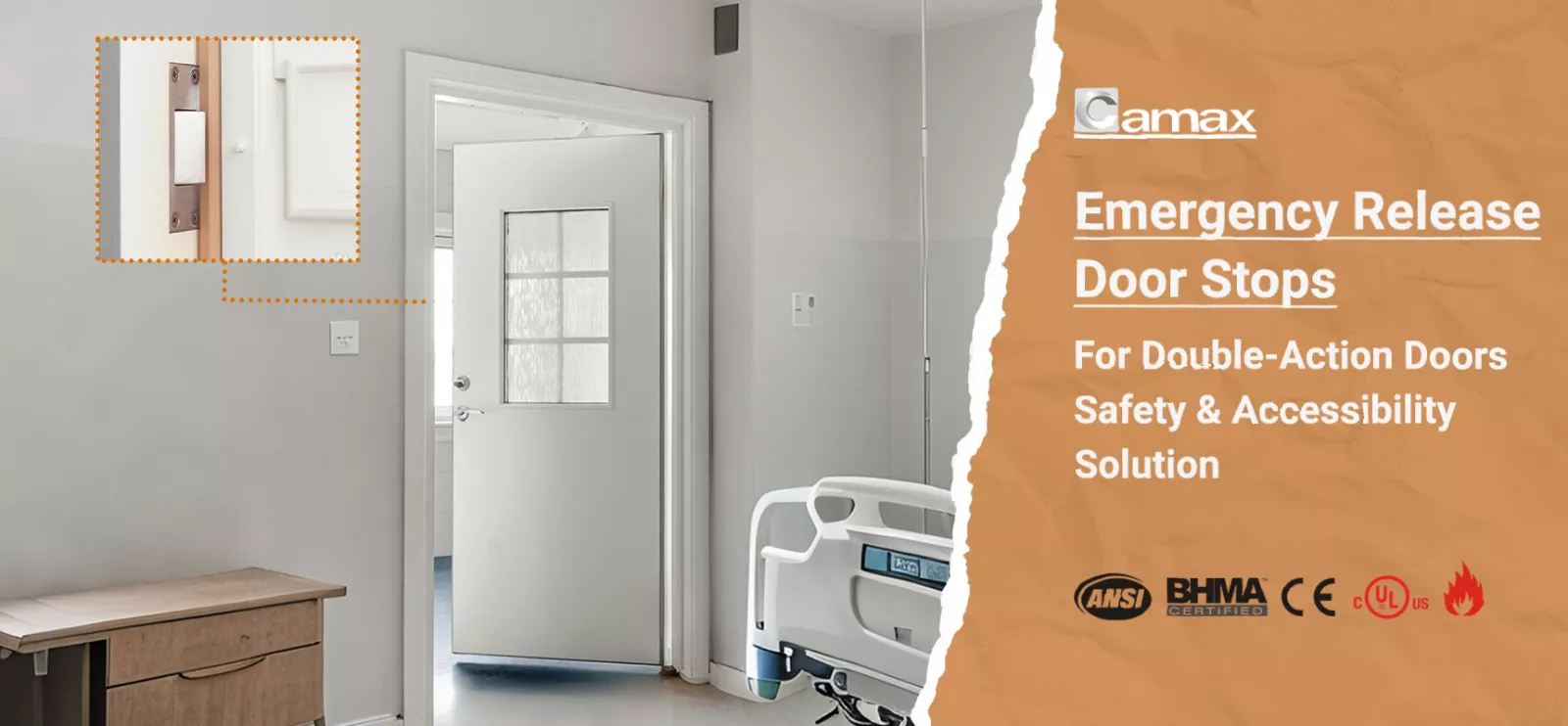 Camax Hardware manufactures emergency release door stops for double-action doors