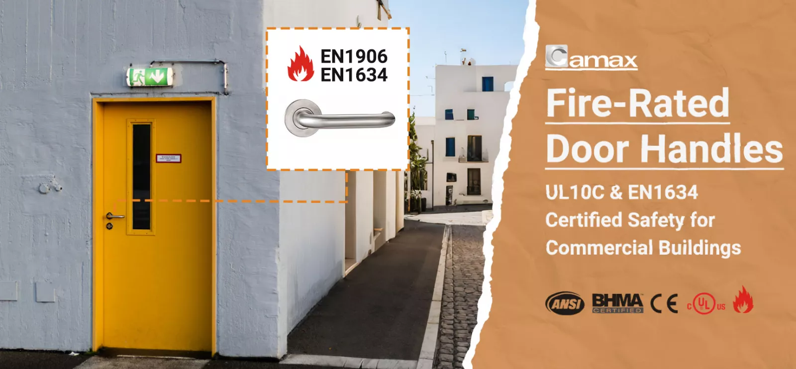 Camax Hardware manufactures fire-rated door handles for commercial doors
