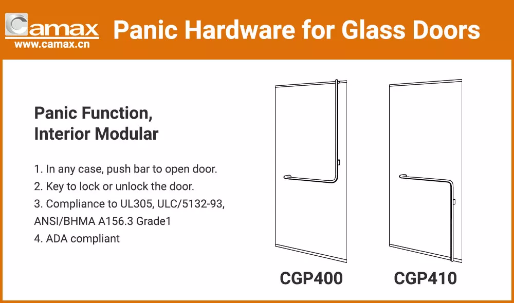 Camax Hardware manufactures panic exit devices for glass doors
