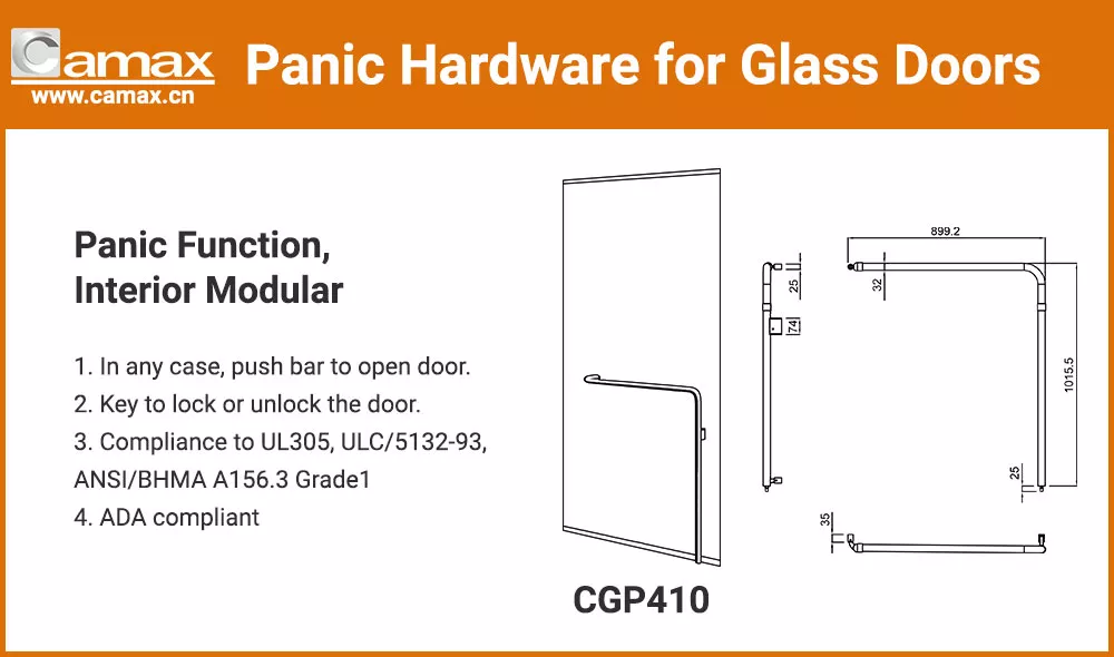 Camax Hardware's CGP410 for interior modular of glass panic devices