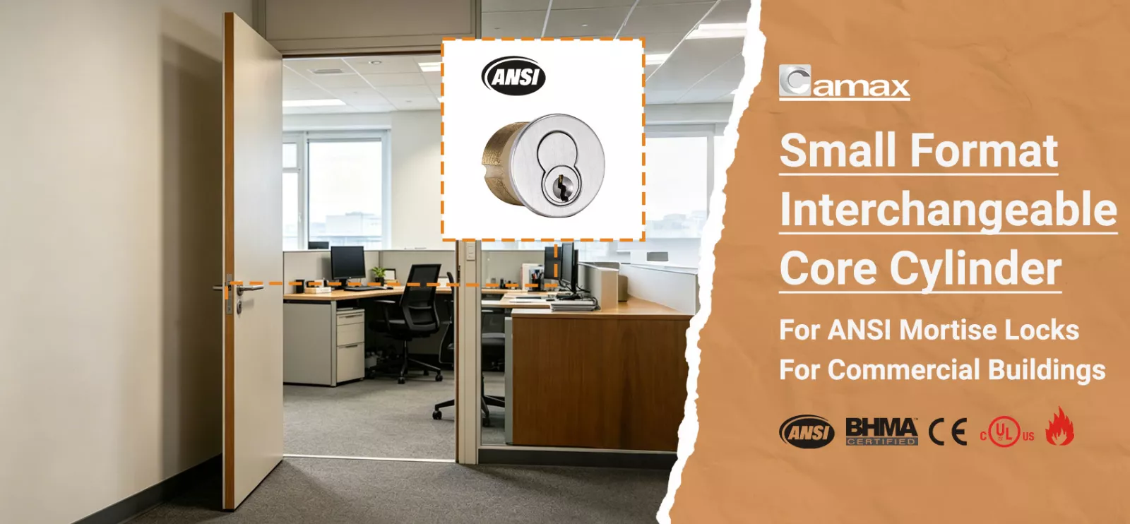 Camax's SFIC, small format interchangeable core for ANSI mortise locks