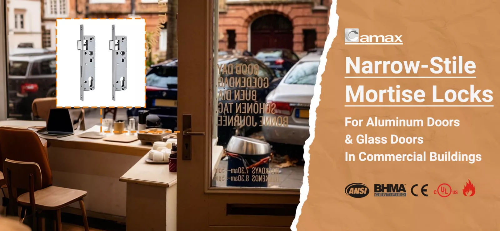 Camax manufactures narrow stile mortise locks for narrow stile doors, aluminum and glass doors