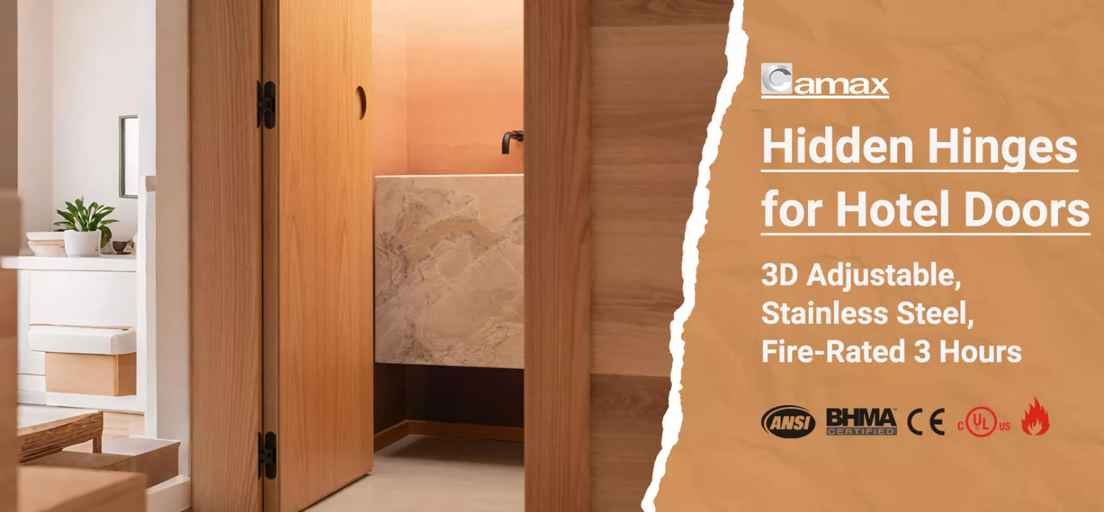 Camax manufactures 3D adjustable hidden hinges for luxury hotel doors