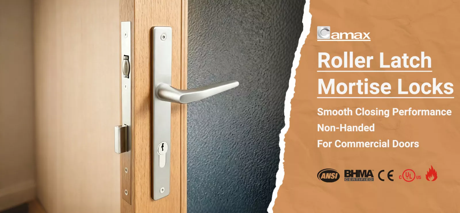 Camax manufactures roller latch mortise locks for wood doors