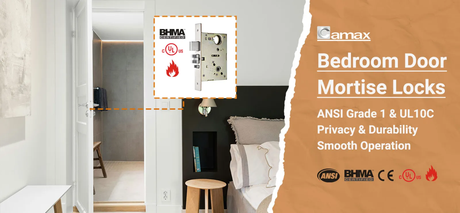 Camax ANSI mortise lock for bedroom door, certified to ANSI, BHMA and UL