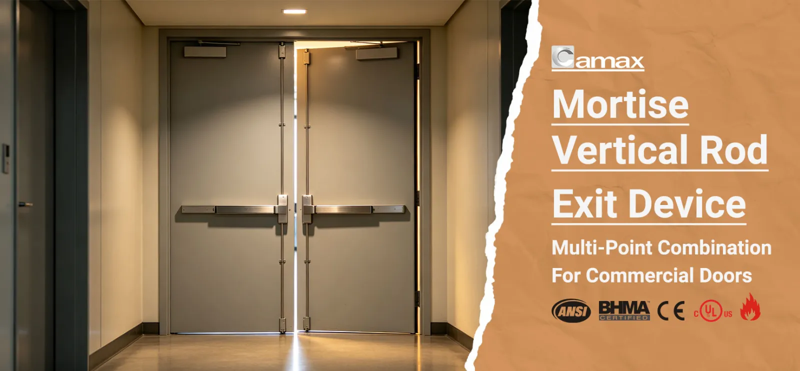Camax Hardware manufactures multi-point panic exit device with mortise lock and vertical rod