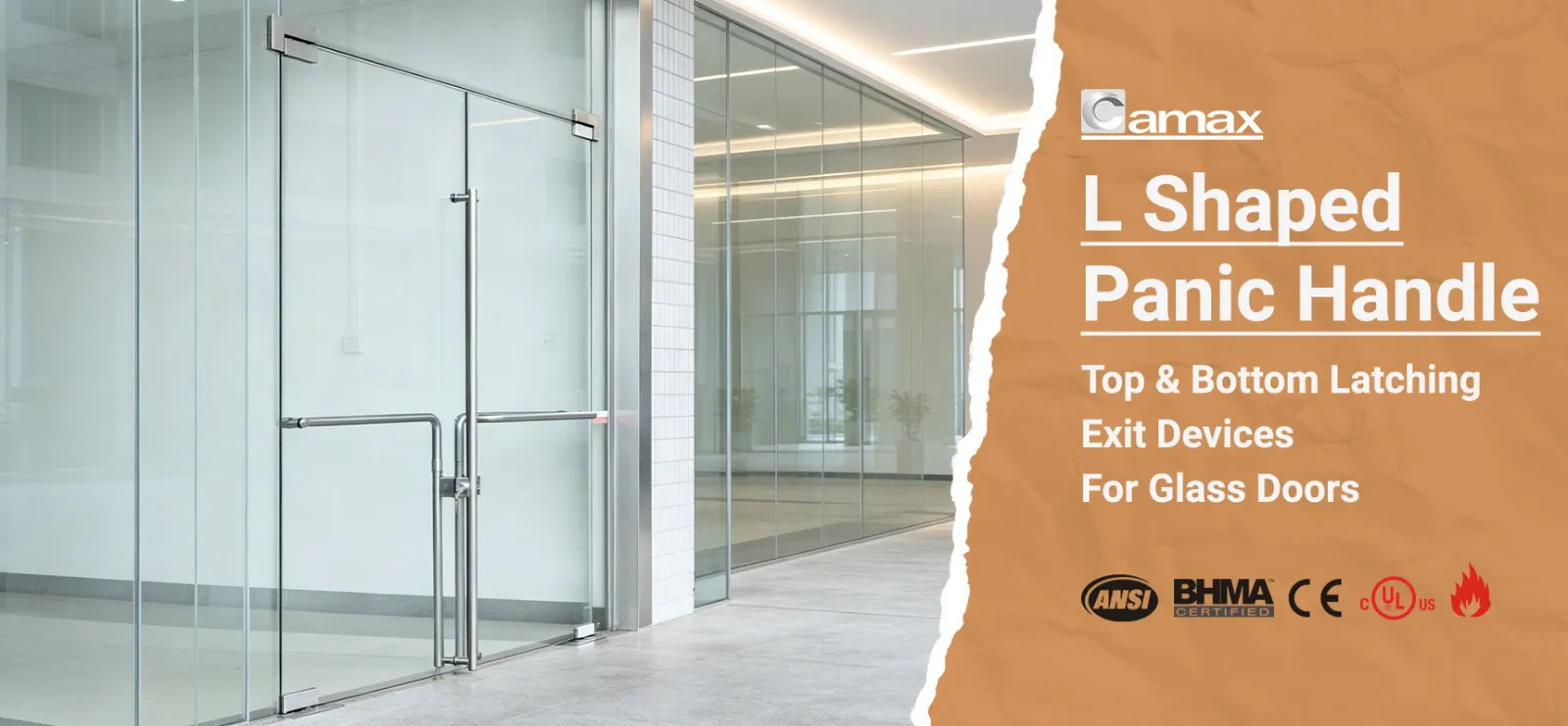 Camax Hardware manufactures L shaped panic handles for glass door