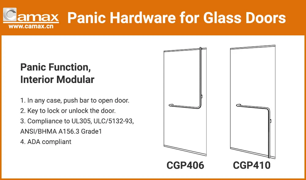 Camax Hardware manufactures L shaped panic handle for glass door