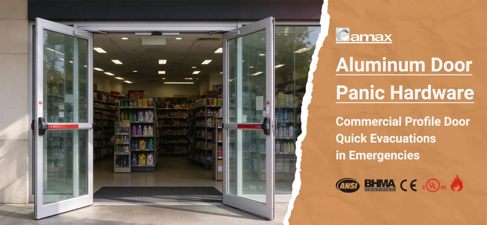 Camax manufactures aluminum door panic hardware for profile doors